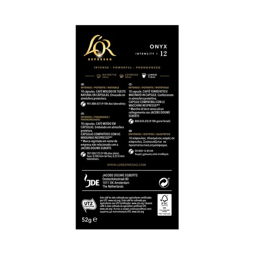 L"OR ESPRESSO Café en cápsulas Onyx I12, 10 uds.