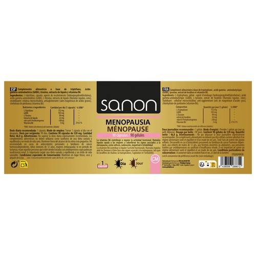 SANON Menopausia día con Triptófano, GABA, Tirosina y vitamina B6 90 cápsulas.