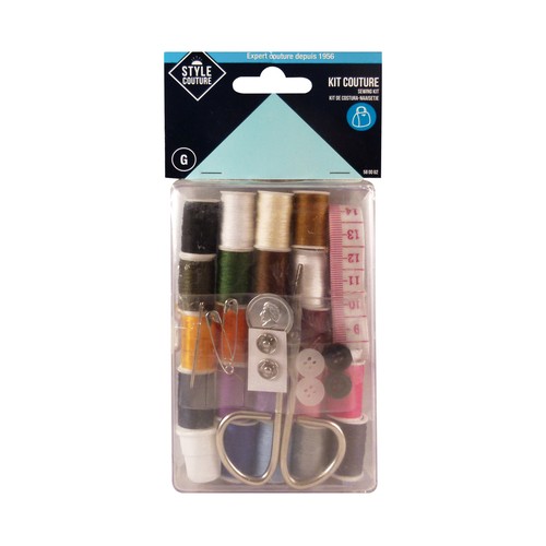 Kit de costura mediano con hilos, cinta métrica, tijeras, agujas, imperdibles, dedal y corchetes, STYLE.