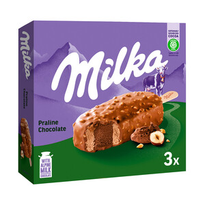 Imagen de MILKA Bombón helado sabor avellana, con trocitos de avellana tostadas, recubierto chocolate con leche 3 x 90 ml.