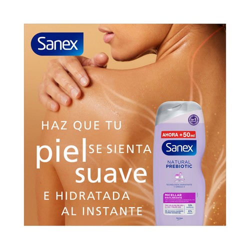 SANEX Natural prebiotic Gel de ducha o baño micelar equilibrante, para todo tipo de piel y piel seca 600 ml.