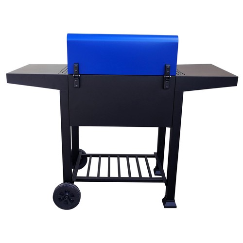 Barbacoa de carbón con ruedas, bandejas y termómetro de color azul, IKUNIK.