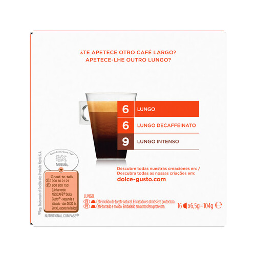 NESCAFÉ DOLCE GUSTO Café molido de tueste natural lungo en cápsulas, Intensidad 6 NESCAFÉ DOLCE GUSTO 16 uds.x 6,5 g.