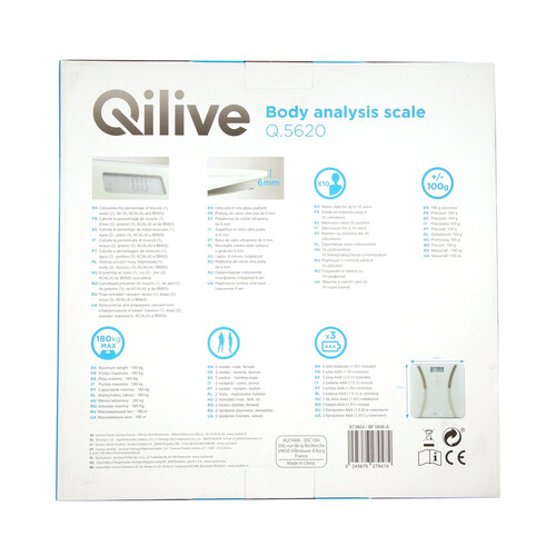 Báscula electrónica de color blanco, con base de cristal templado y pantalla, QLIVE.