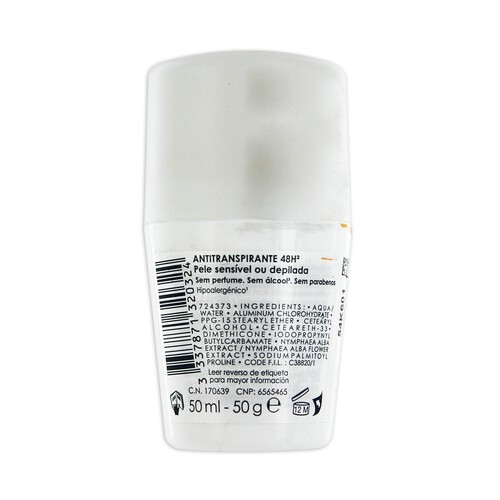 VICHY Desodorante roll con antitranspirante 48 horas, sin perfume ni alcohol ni parabenos VICHY 50 ml.