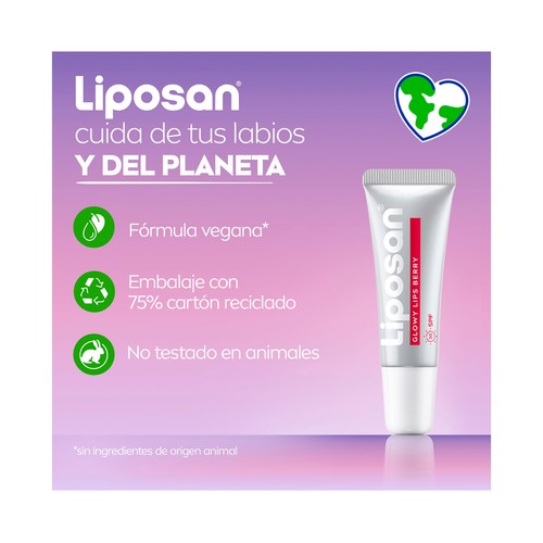 LIPOSAN Glowy Protector labial hidratante con color (berry) y efecto glow y FPS 30.