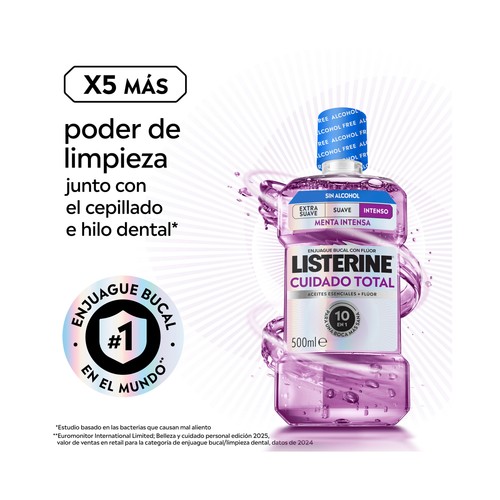 LISTERINE Cuidado total Enjuague bucal con flúor y sin alcohol, sabor menta intensa 500 ml.