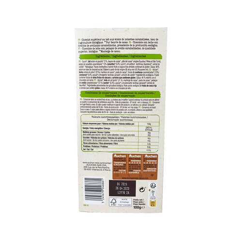 ALCAMPO ECOLÓGICO Chocolate con leche, con trocitos de avellana caramelizada ALCAMPO ECOLÓGICO 100 g.