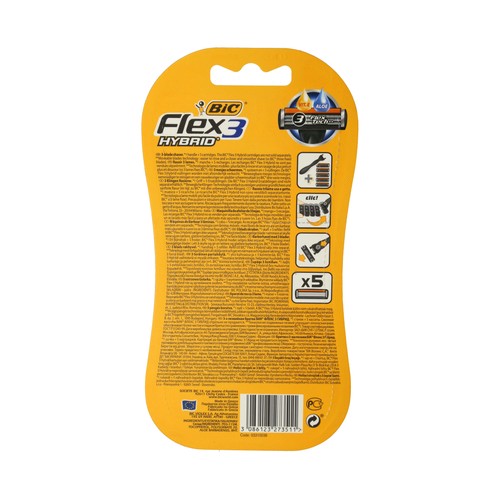 BIC Maquinilla de afeitar, con triple hoja y 4 hojas de recambio BIC Flex 3 hybrid 5 uds.