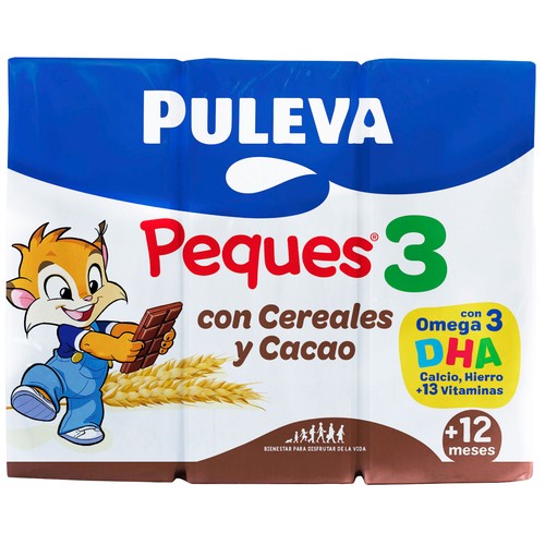 PULEVA Peques 3 Leche de crecimiento con cereales y cacao, de 12 a 36 meses 3 x 200 ml.