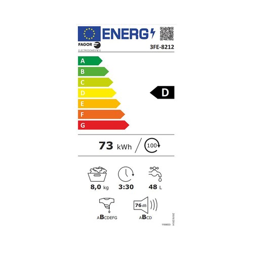 Lavadora FAGOR 3FE8212 8KG, clasificación energética: D, 1200RPM, H: 84,5cm, A: 59,7cm, F: 55,7cm.