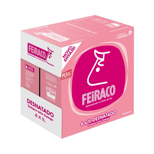 FEIRACO Leche de vaca desnatada y de origen 100% gallega 6 x 1l.