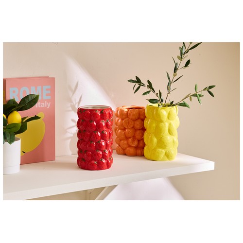 Florero 11,5x11,5x19cm cerámica decoración fresa. ACTUEL