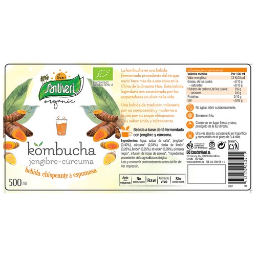 SANTIVERI Kombucha (bebida a base de te fermentado con jengibre y cúrcuma) 500 ml.