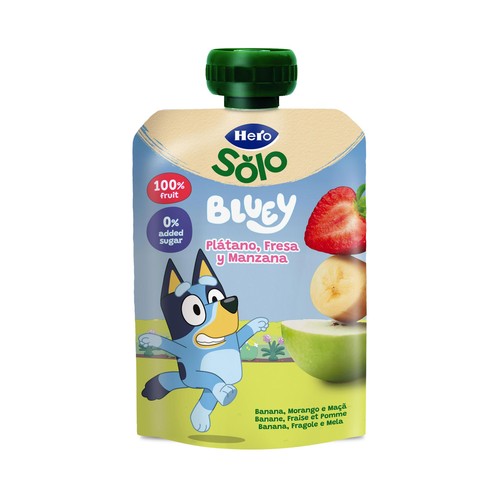 HERO Solo Bolsita de fruta (plátano, fresa y manzana), sin azúcares añadidos, a partir de 12 meses 100 g.