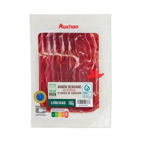 Jamón serrano reserva (curación mínima de 12 meses) cortado en lonchas PRODUCTO ALCAMPO 100 g.