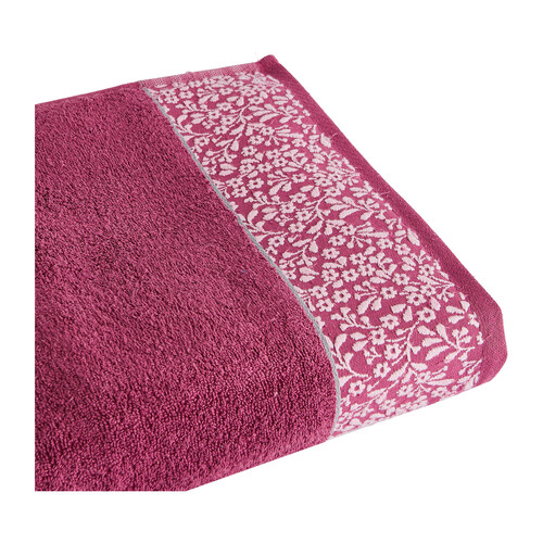 Toalla de baño 100% algodón color rosa con cenefa floral, 500g/m² ACTUEL.