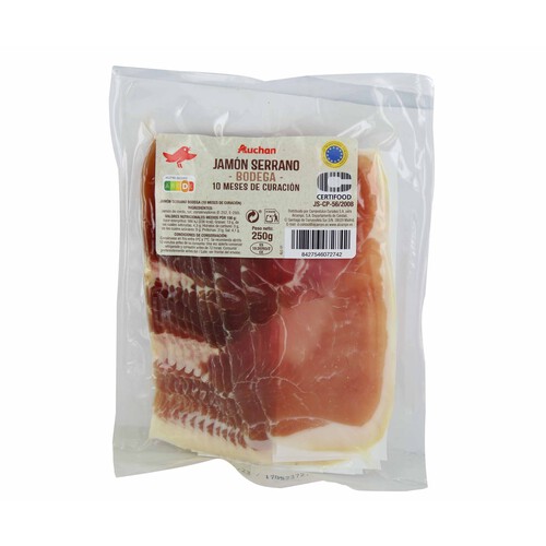 Jamón serrano bodega (10 meses de curación) cortado en lonchas PRODUCTO ALCAMPO 250 g.
