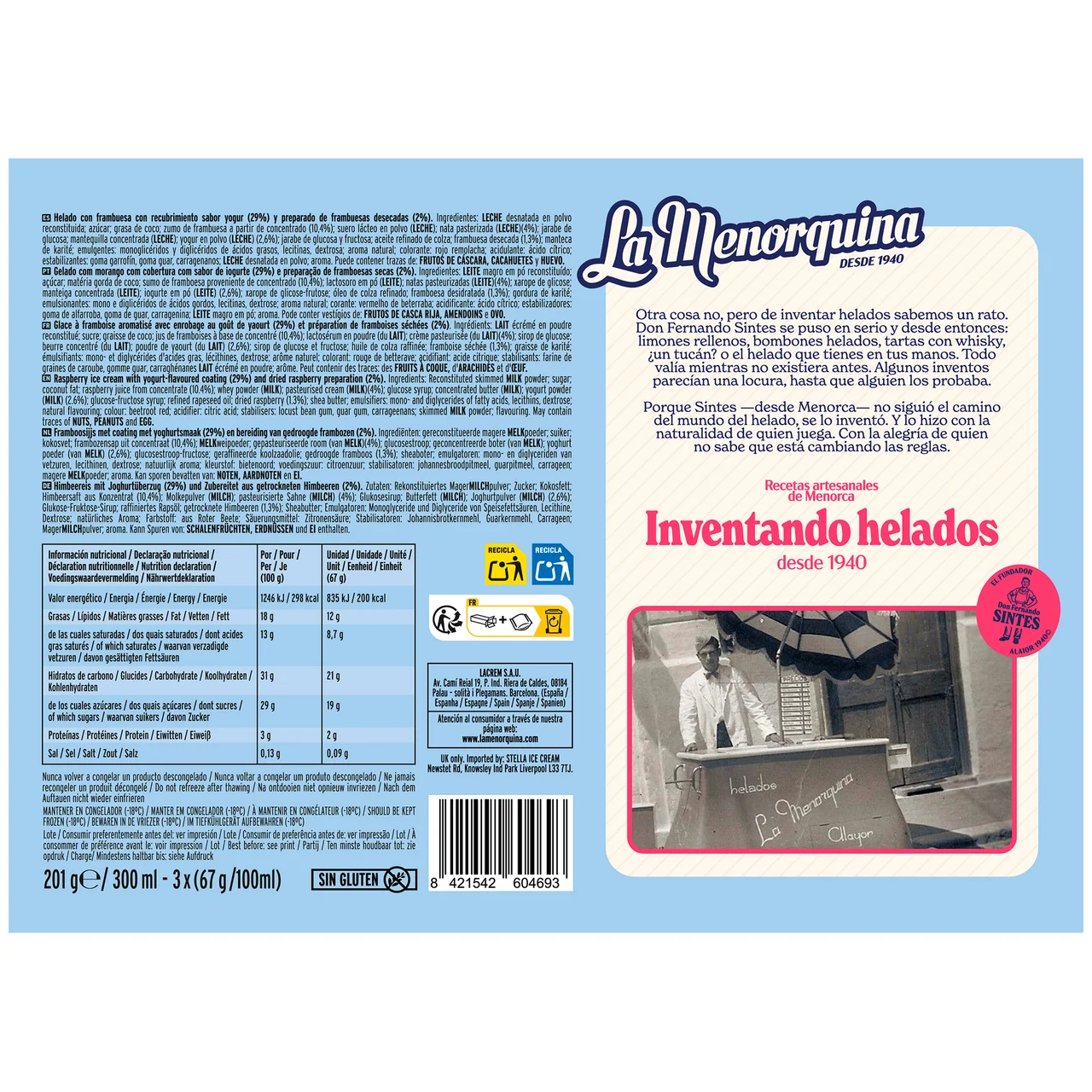 Helado de frambuesa recubierto de yogur 3 x 100 ml.