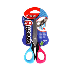 Tijera escolar con hojas de 13 cm, ergonomia 3D y mangos flexibles MAPED Sensoft 3D.