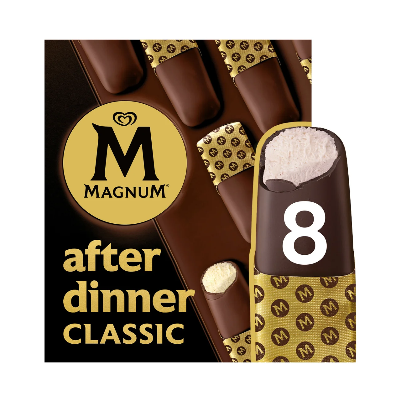 After dinner classic de frigo helado de vainilla cubierto de chocolate con leche 8 x 35 ml.