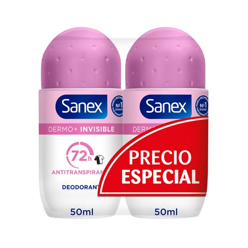SANEX Dermo+ invisible Desodorante roll-on para mujer, antitranspirante hasta 72 horas 2 x 50 ml.