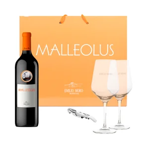MALLEOLUS Estuche con 1 botella de vino tinto con D.O. Ribera del Duero + 2 copas.