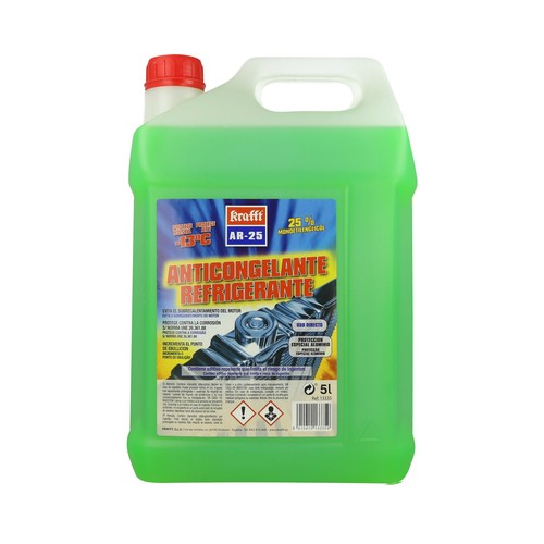 Líquido refrigerante con temperatura de protección de hasta -13ºC, 5L verde, 25% Monoetilenglicol, KRAFT AR25.