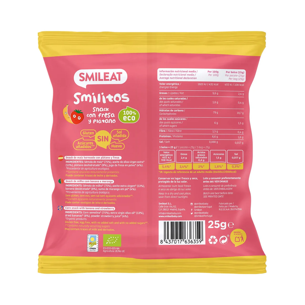 SMILEAT Smilitos Snack infantil con fresa y plátano de origen 100% ecológico 25 g.
