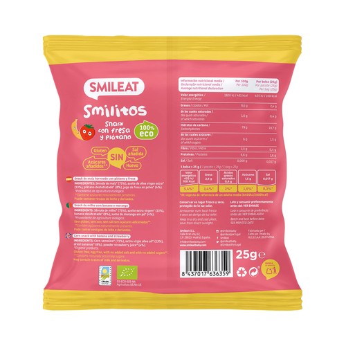 SMILEAT Smilitos Snack infantil con fresa y plátano de origen 100% ecológico 25 g.