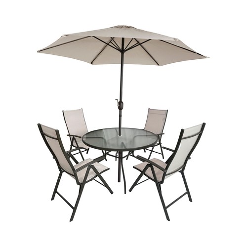 Conjunto de jardín de 4 sillas plegables, 1 mesa y 1 parasol, IKUNIK MOJACAR ROUND.