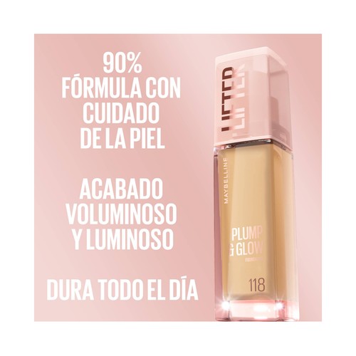 MAYBELLINE Lifter plump & glow tono 118 Base de maquillaje fundente con FPS 15.