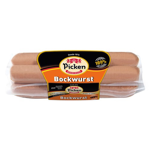 PICKEN Salchichas alemanas con ternera tipo Bockwurst, elaboradas sin gluten, ni glutamato ni fécula PICKEN 300 g.