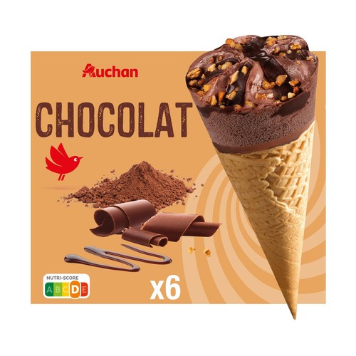 AUCHAN Conos de helado de chocolate con salsa de chocolate 6 x 120 ml. Producto Alcampo