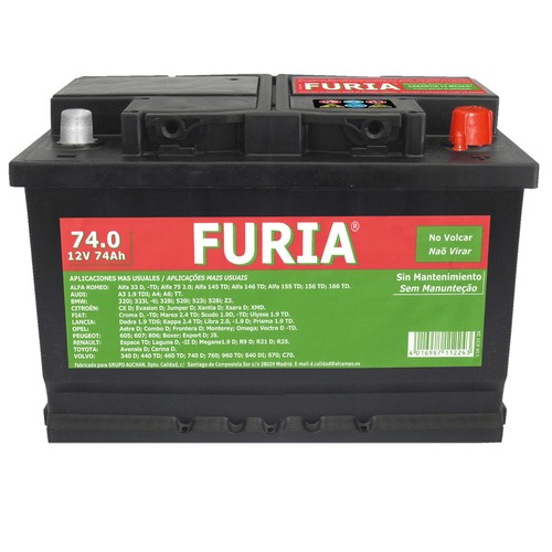 Batería de coche 74Ah, arranque 680A, 12V, L: 27,8cm, A: 17,5cm, H: 19cm, FURIA.