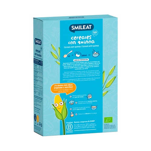 SMILEAT Papilla de cereales ecológicos con quinoa, sin gluten, a partir de 6 meses 200 g.