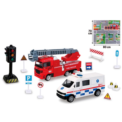 Set de coches de bomberos, incluye alfombra de mapa, +3 años, ONE TWO FUN.