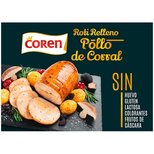 COREN Roti de pollo de corral relleno con boletus, trufa y uvas pasas 750 g.
