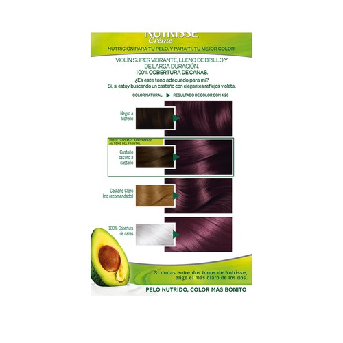 Tinte de pelo permanente color violín, tono 4.26 GARNIER Nutrisse créme.