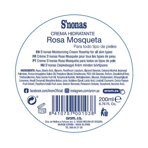 S´NONAS Crema hidratante con rosa Mosqueta para todo tipo de pieles S´NONAS 200 ml.