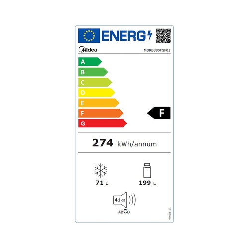  Frigorífico combi MIDEA MDRB380FGF01, NO FROST, clasificación energética: F, H: 178,8cm, A: 54,5cm, F: 63,5cm, capacidad total: 199L.