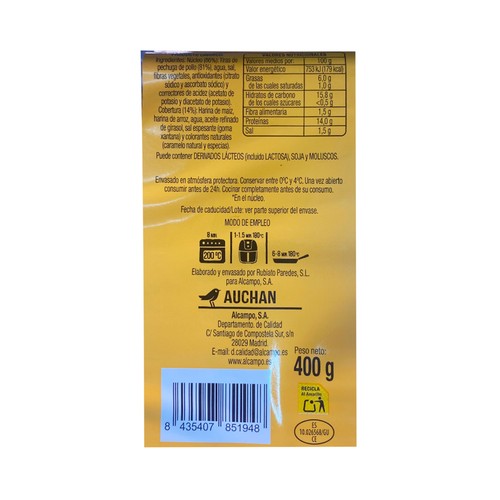ALCAMPO CULTIVAMOS LO BUENO Bandeja con tiras empanadas de pechuga de pollo  400 g.