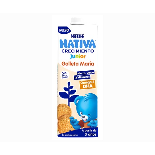 NATIVA Junior de Nestlé Leche de crecimiento con sabor a galleta Maria, a partir de 3 años 1 l.