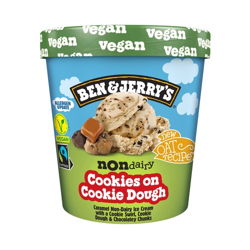 BEN & JERRY"S Cookie dough Tarrina de helado vegano de caramelo con masa de galletas y trozos de chocolate 465 ml.