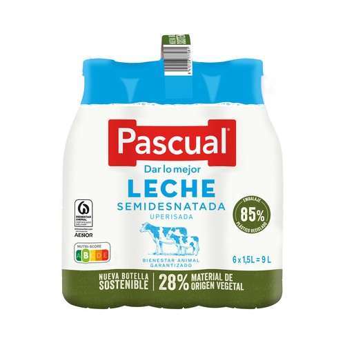 PASCUAL Leche de vaca semidesnatada, de bienestar animal garantizado 6 x 1.5 l.