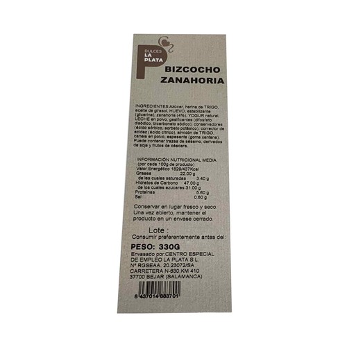 Bizcocho zanahoria 330 g.