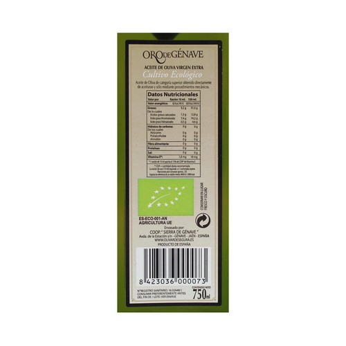 ORO DE GÉNAVE Aceite de oliva virgen extra ecológico ORO DE GÉNAVE botella 750 ml.
