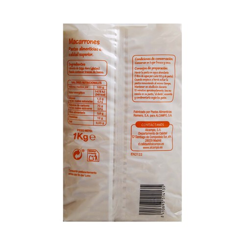 PRODUCTO ECONÓMICO ALCAMPO Pasta macarrón PRODUCTO ECONÓMICO ALCAMPO paquete 1 kg.