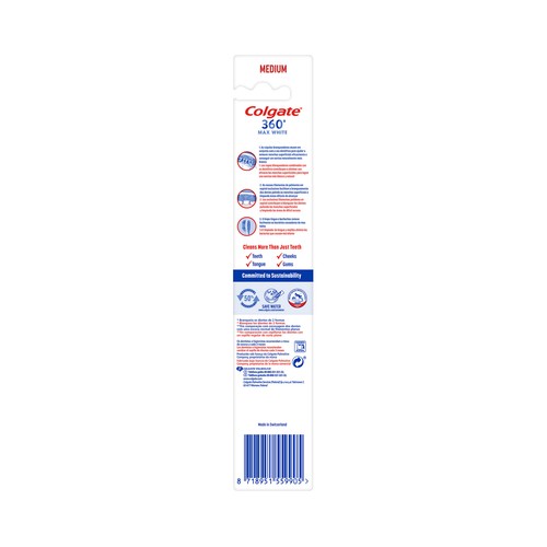 COLGATE 360º Max white one Cepillo de dientes medio, que ayuda prevenir la acumulación de bacterias.