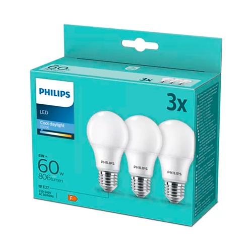 Pack 3 bombillas led 60w a60 e27 fría . PHILIPS